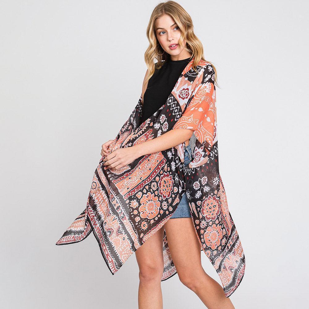 Orange Geometric Boho Print Kimono Poncho - Jewelry Store by Erik Rayo