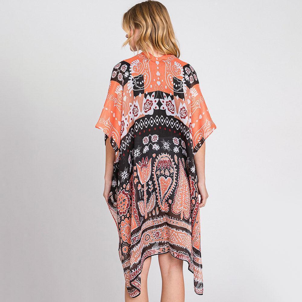 Orange Geometric Boho Print Kimono Poncho - Jewelry Store by Erik Rayo