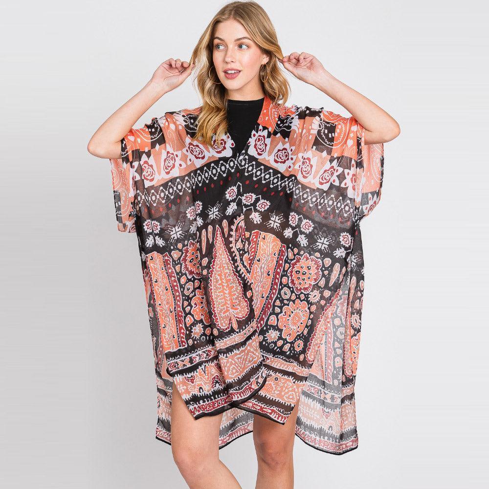 Orange Geometric Boho Print Kimono Poncho - Jewelry Store by Erik Rayo