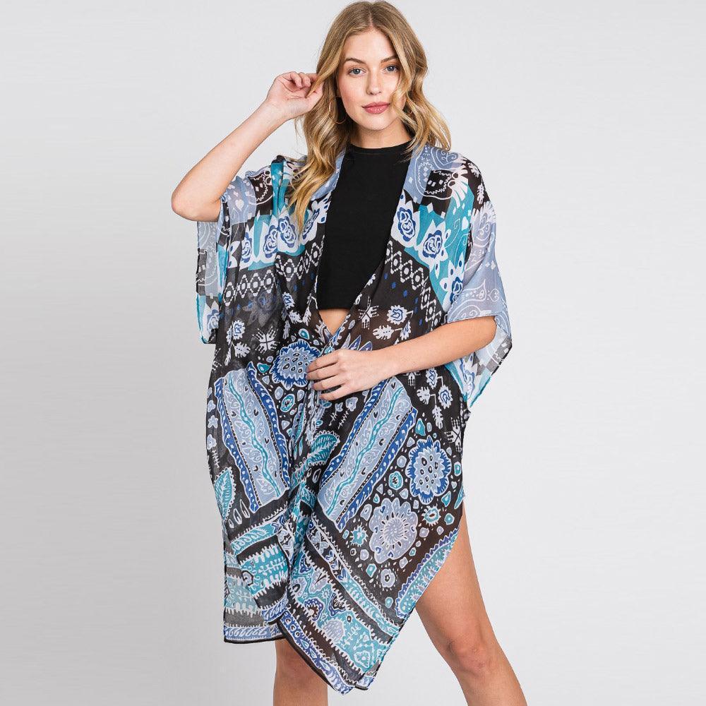 Teal Geometric Boho Print Kimono Poncho - Jewelry Store by Erik Rayo