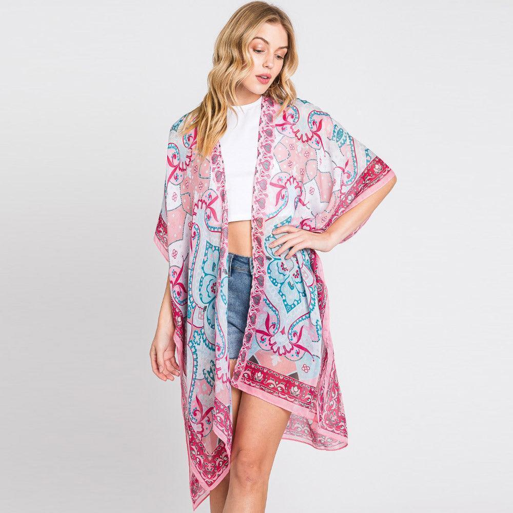 Pink Abstract Paisley Print Kimono Poncho - Jewelry Store by Erik Rayo