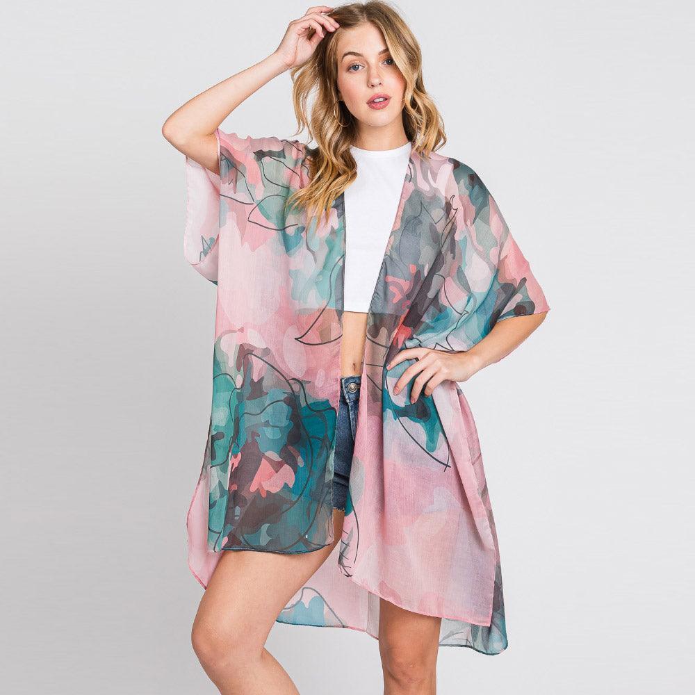 Green Abstract Watercolor Leaves Print Kimono Poncho - Jewelry Store by Erik Rayo