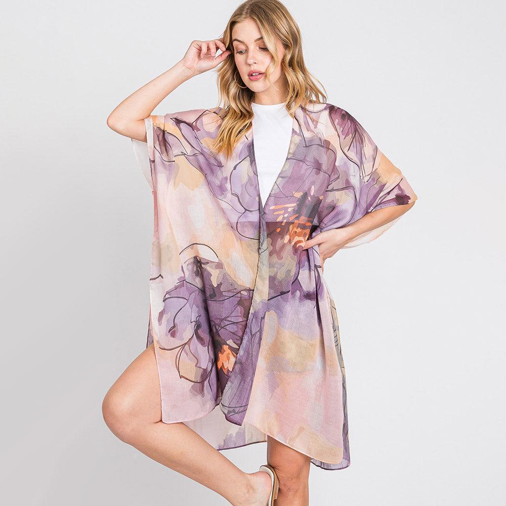 Purple Abstract Watercolor Leaves Print Kimono Poncho - Jewelry Store by Erik Rayo