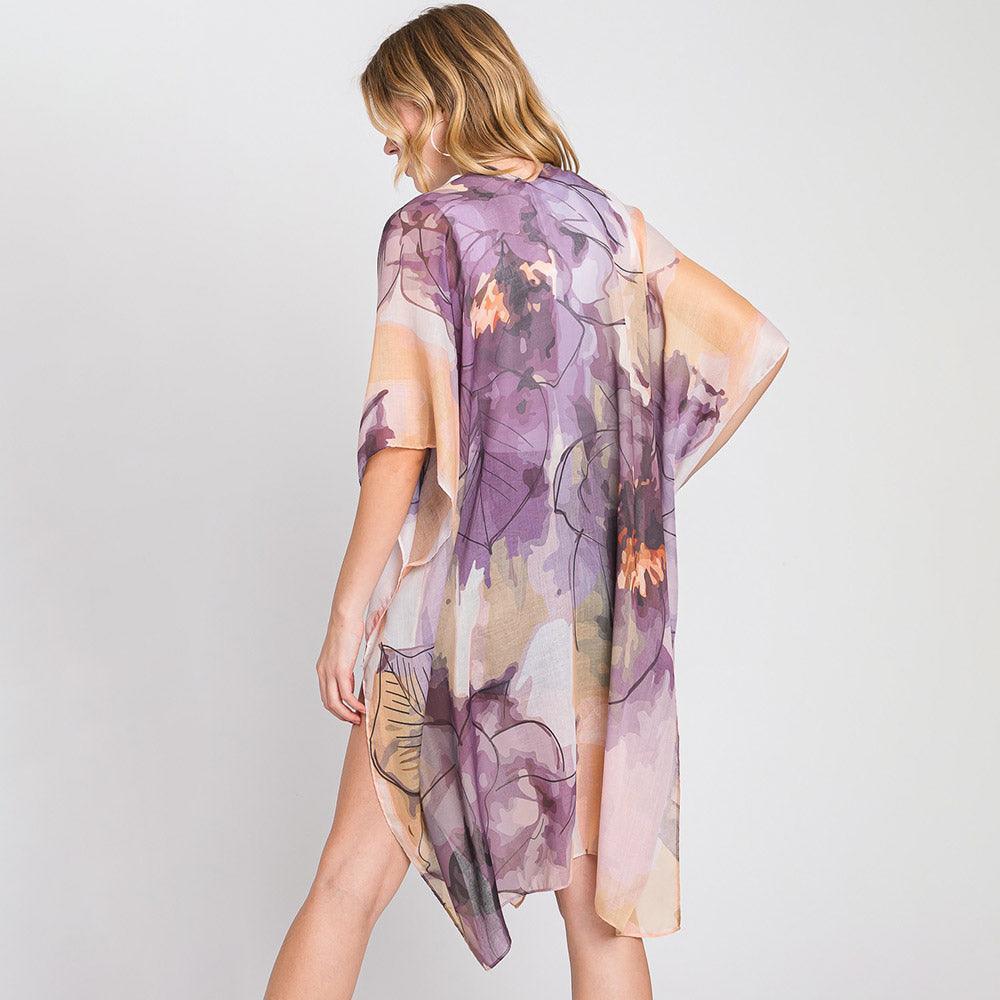 Purple Abstract Watercolor Leaves Print Kimono Poncho - Jewelry Store by Erik Rayo