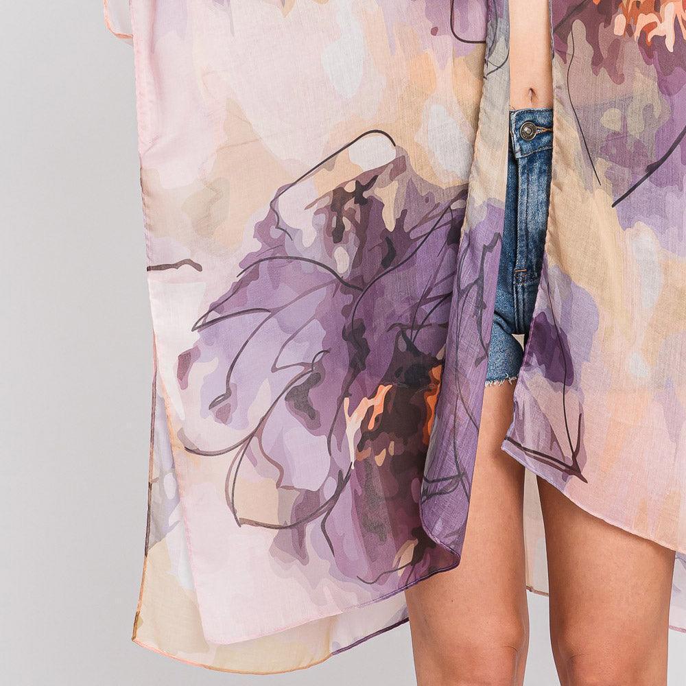 Purple Abstract Watercolor Leaves Print Kimono Poncho - Jewelry Store by Erik Rayo