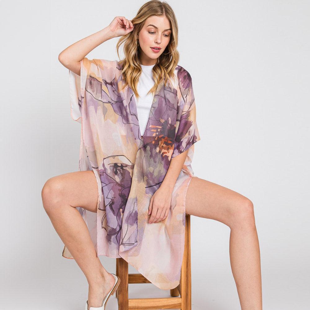 Purple Abstract Watercolor Leaves Print Kimono Poncho - Jewelry Store by Erik Rayo