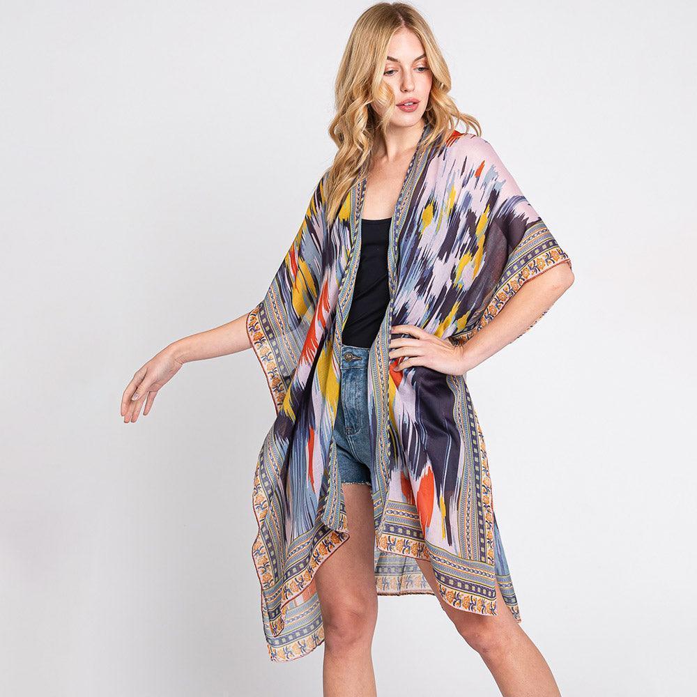 Navy Geometric Trim Tie Dye Print Kimono Poncho - Jewelry Store by Erik Rayo