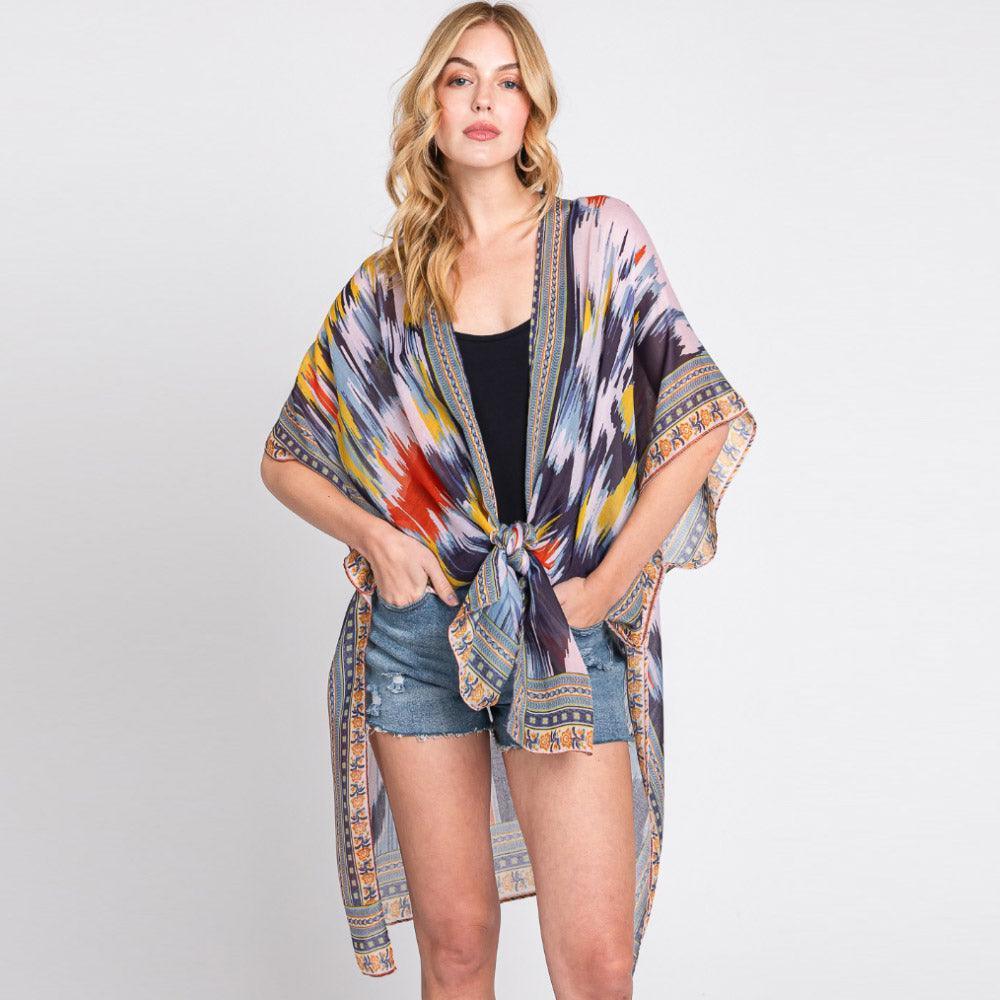 Navy Geometric Trim Tie Dye Print Kimono Poncho - Jewelry Store by Erik Rayo