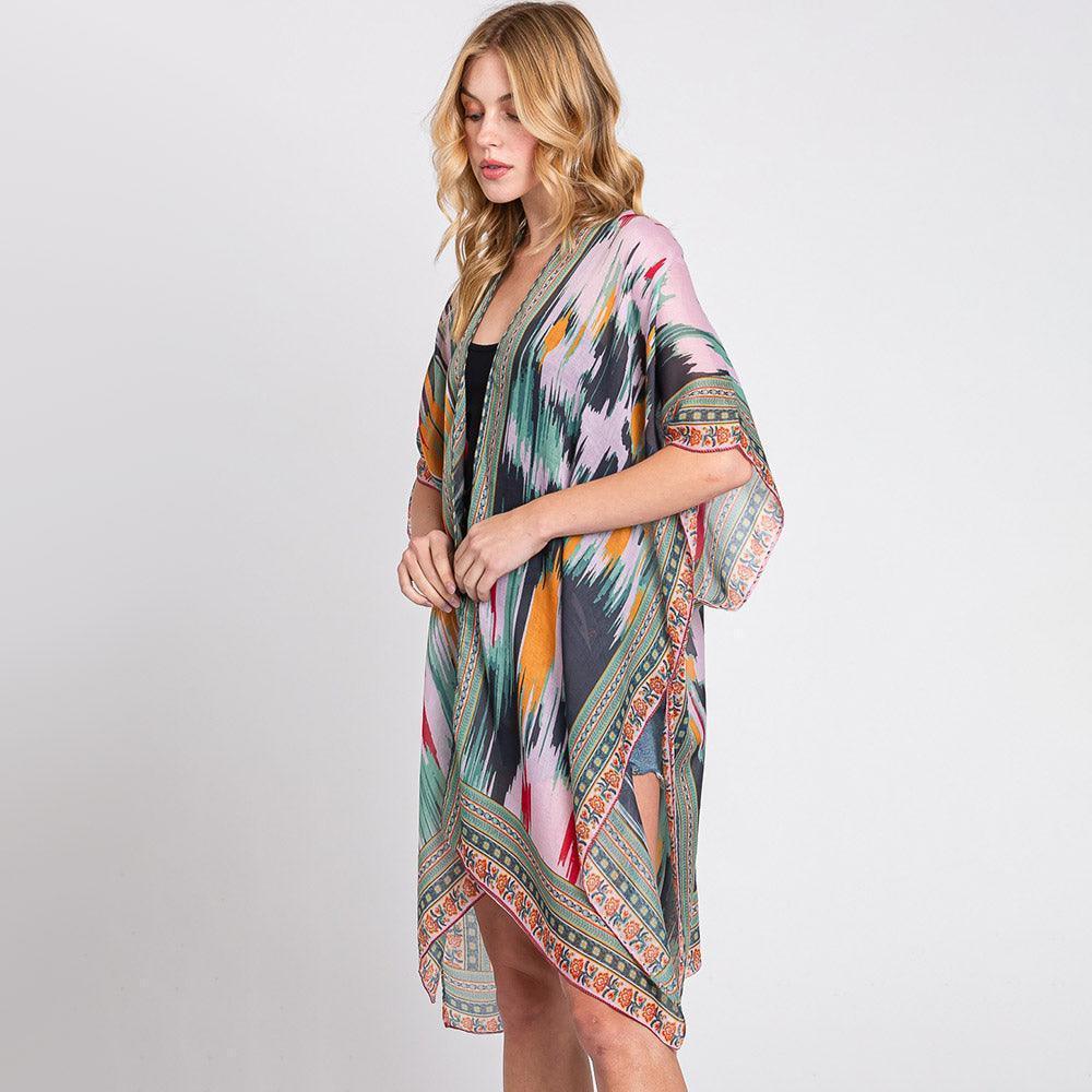 Olive Green Geometric Trim Tie Dye Print Kimono Poncho - Jewelry Store by Erik Rayo