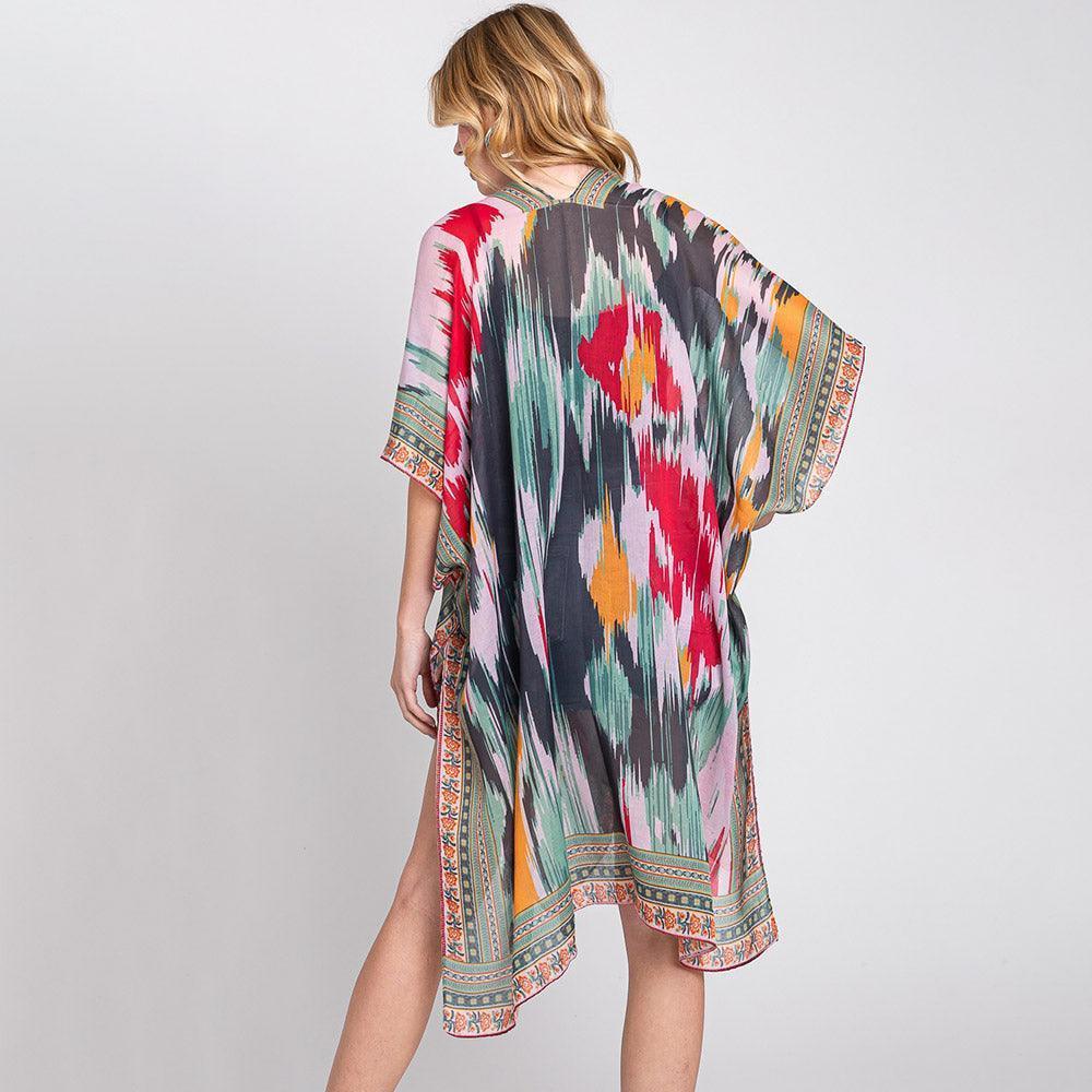 Olive Green Geometric Trim Tie Dye Print Kimono Poncho - Jewelry Store by Erik Rayo