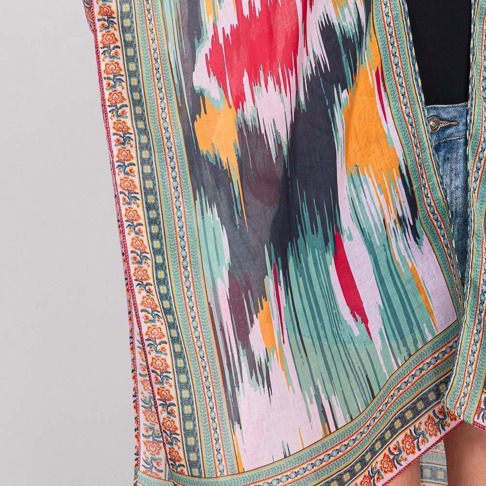 Olive Green Geometric Trim Tie Dye Print Kimono Poncho - Jewelry Store by Erik Rayo