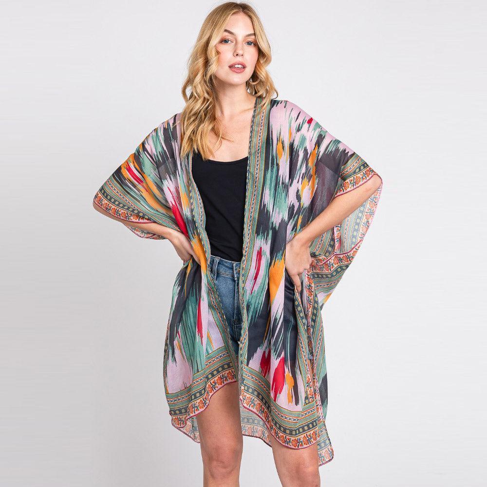 Olive Green Geometric Trim Tie Dye Print Kimono Poncho - Jewelry Store by Erik Rayo