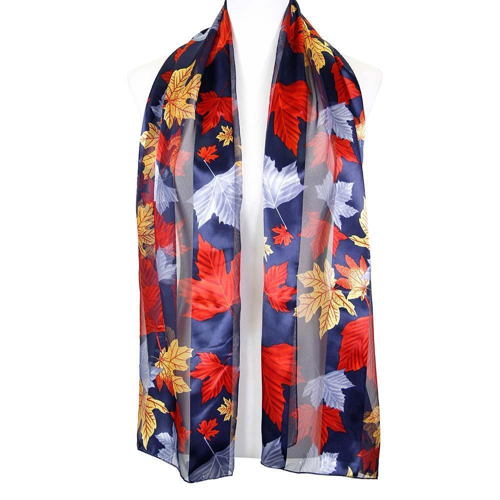 Navy 6PCS - Silk Feel Satin Autumn Leaves Print Scarf - Jewelry Store by Erik Rayo