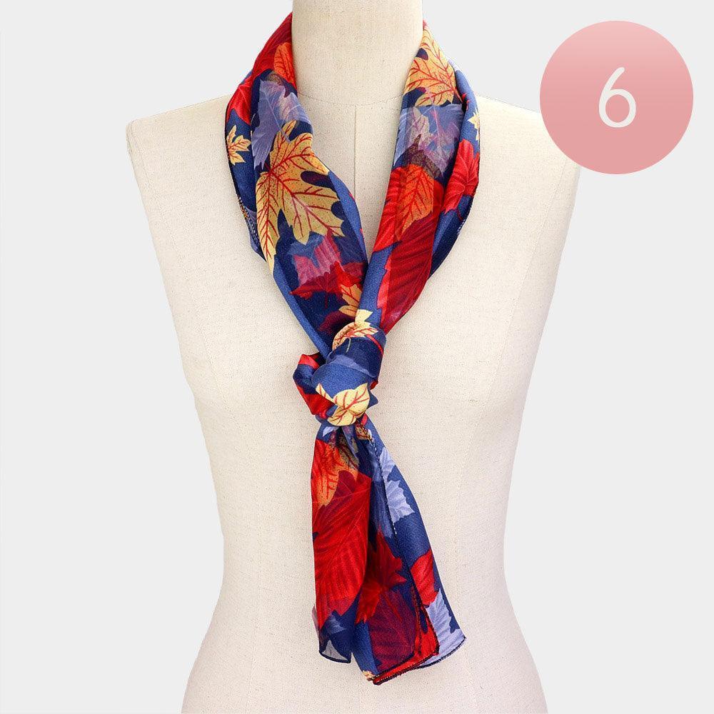 Navy 6PCS - Silk Feel Satin Autumn Leaves Print Scarf - Jewelry Store by Erik Rayo
