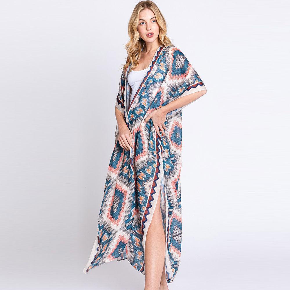 Beige Aztec Print Open Front Long Kimono Poncho - Jewelry Store by Erik Rayo
