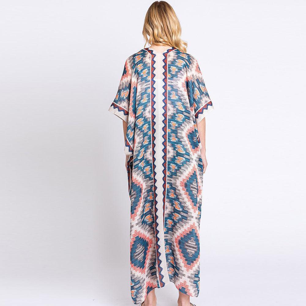 Beige Aztec Print Open Front Long Kimono Poncho - Jewelry Store by Erik Rayo
