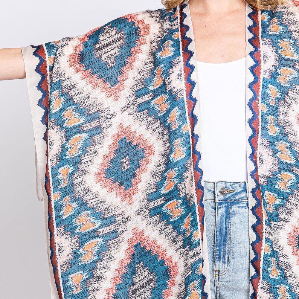 Beige Aztec Print Open Front Long Kimono Poncho - Jewelry Store by Erik Rayo