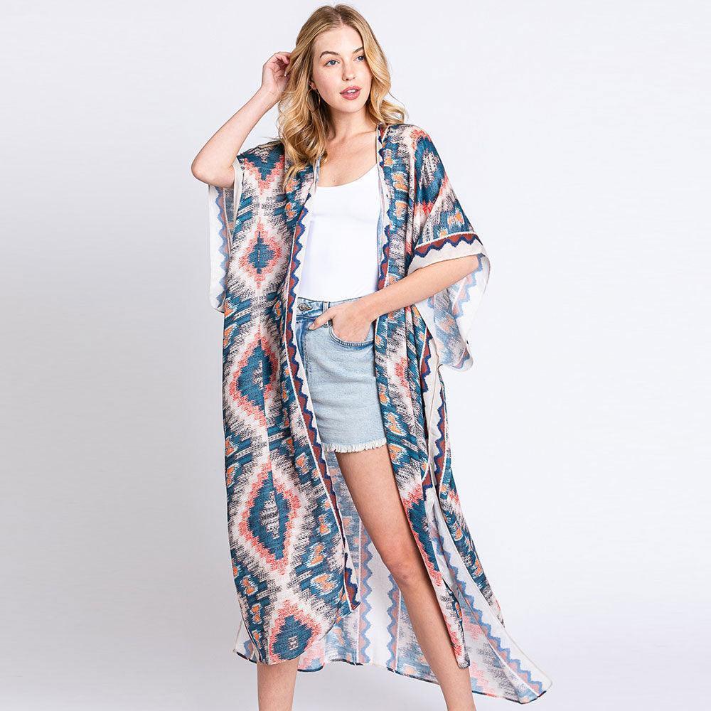 Beige Aztec Print Open Front Long Kimono Poncho - Jewelry Store by Erik Rayo
