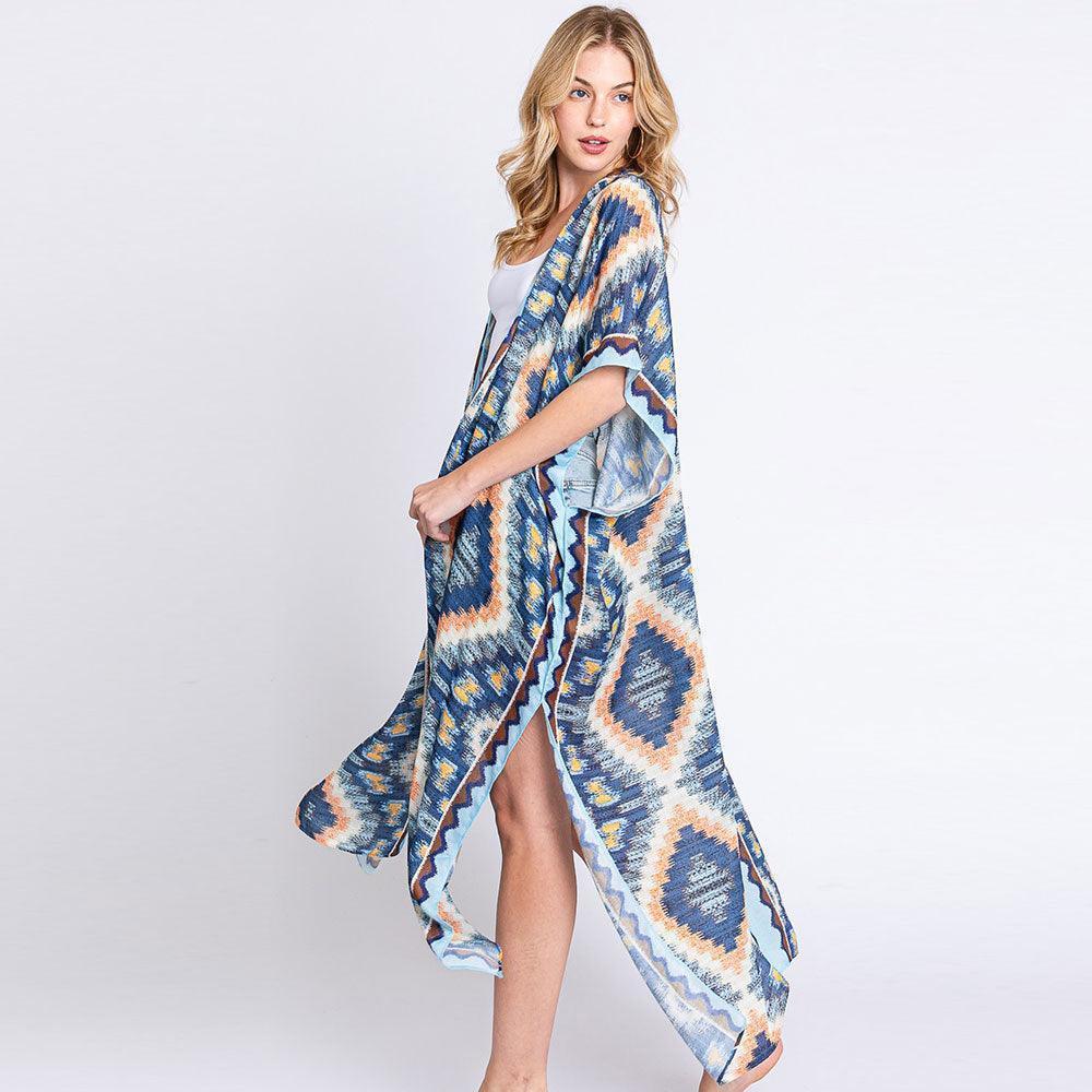 Blue Aztec Print Open Front Long Kimono Poncho - Jewelry Store by Erik Rayo