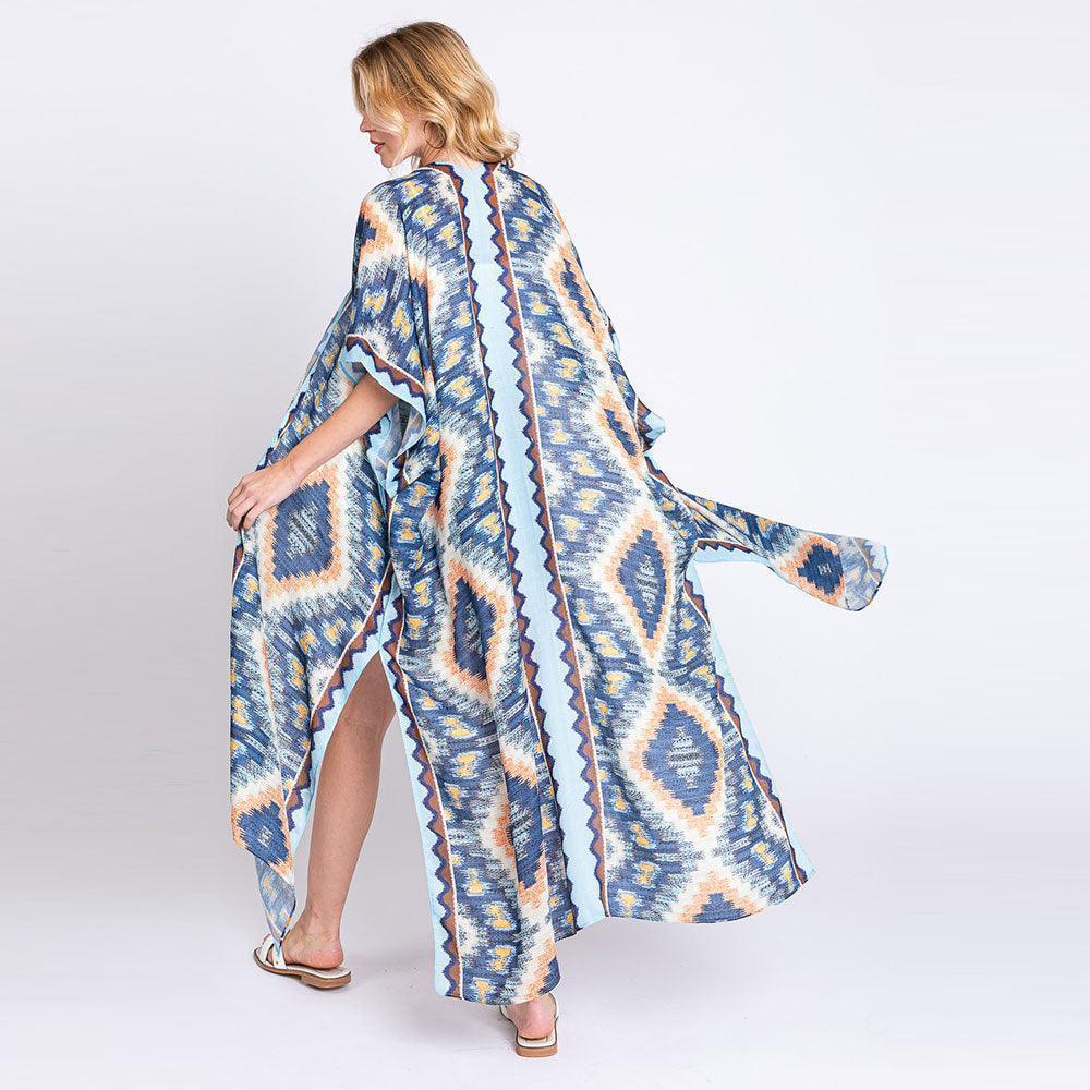 Blue Aztec Print Open Front Long Kimono Poncho - Jewelry Store by Erik Rayo