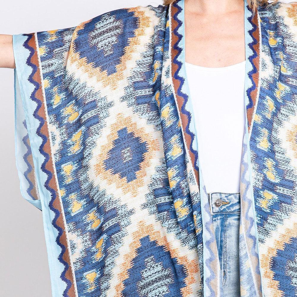 Blue Aztec Print Open Front Long Kimono Poncho - Jewelry Store by Erik Rayo