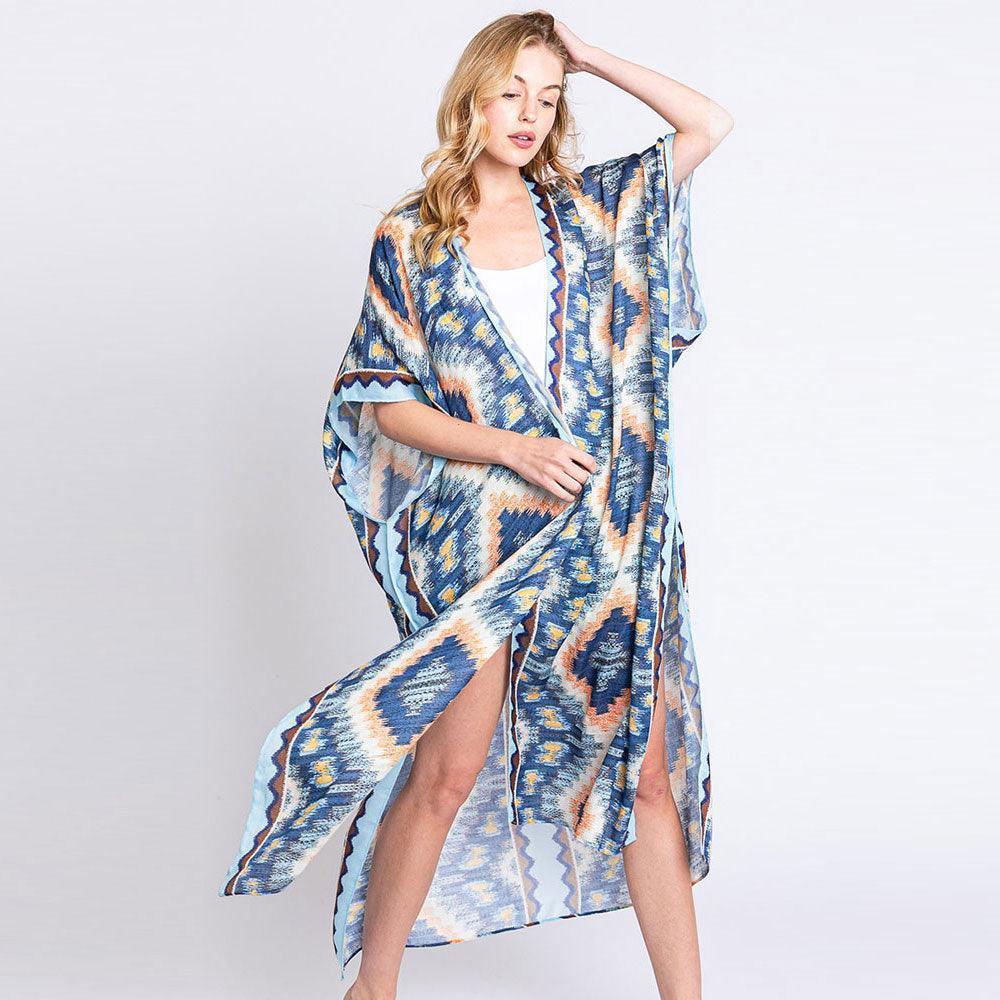 Blue Aztec Print Open Front Long Kimono Poncho - Jewelry Store by Erik Rayo