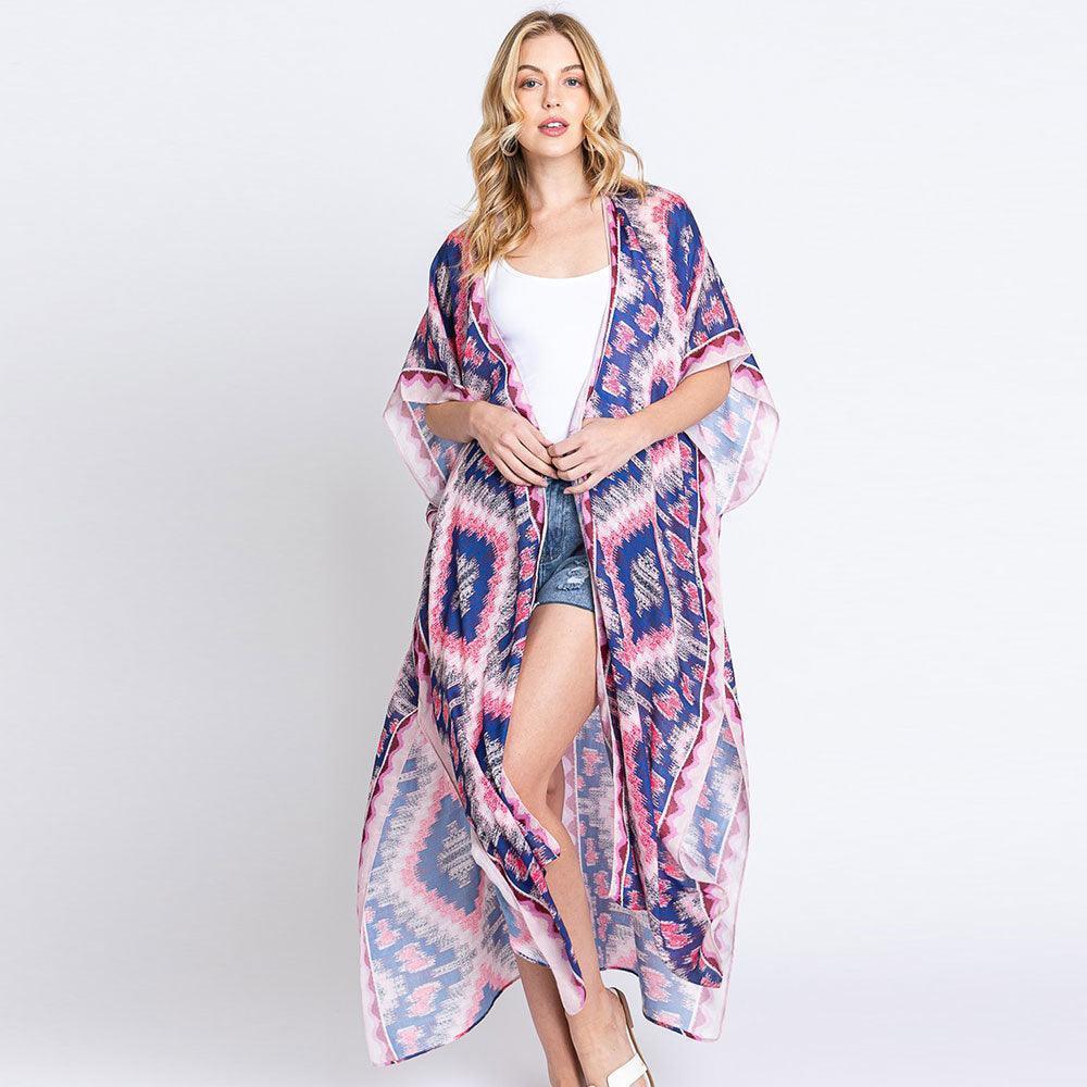 Pink Aztec Print Open Front Long Kimono Poncho - Jewelry Store by Erik Rayo