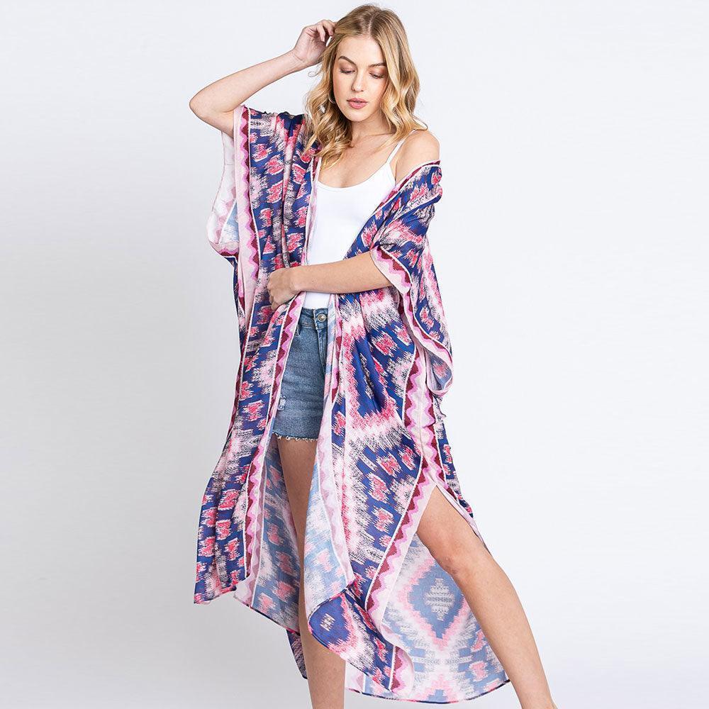 Pink Aztec Print Open Front Long Kimono Poncho - Jewelry Store by Erik Rayo
