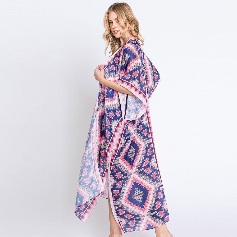 Pink Aztec Print Open Front Long Kimono Poncho - Jewelry Store by Erik Rayo