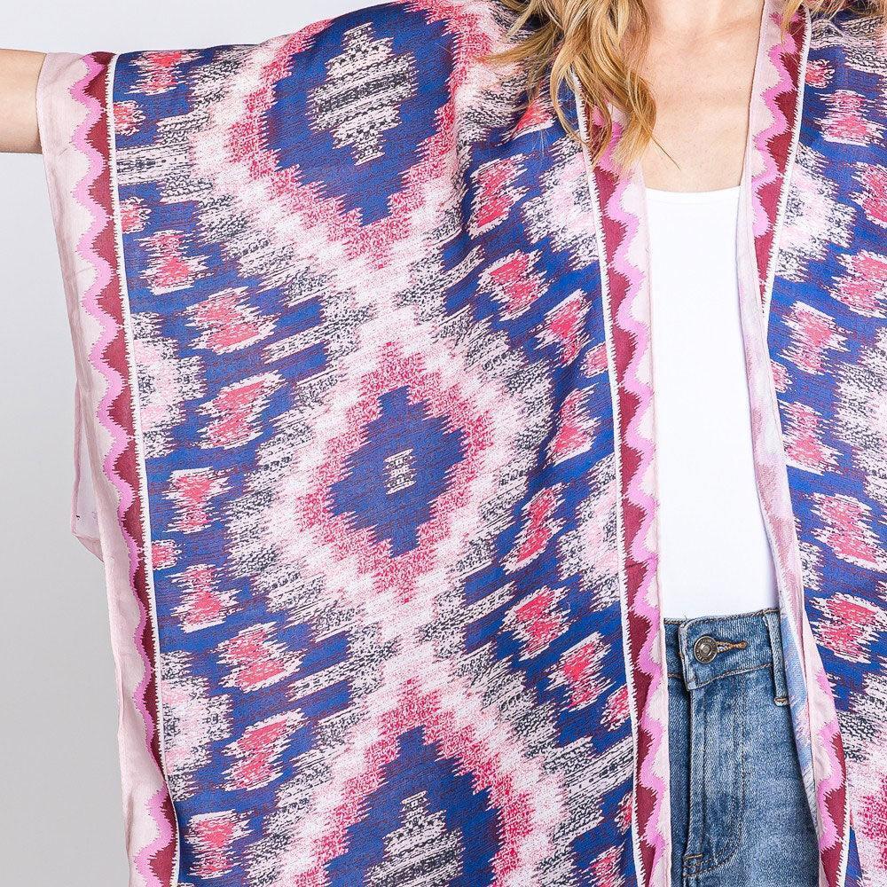Pink Aztec Print Open Front Long Kimono Poncho - Jewelry Store by Erik Rayo