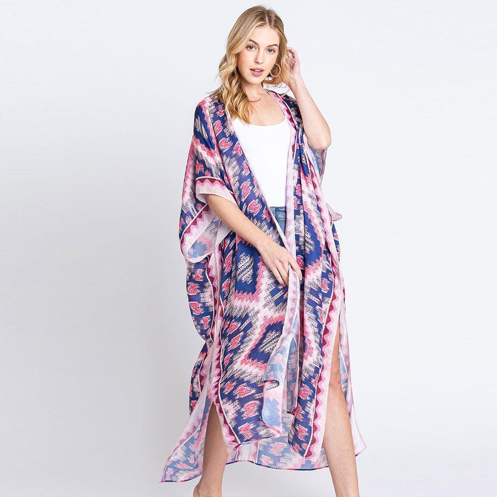 Pink Aztec Print Open Front Long Kimono Poncho - Jewelry Store by Erik Rayo