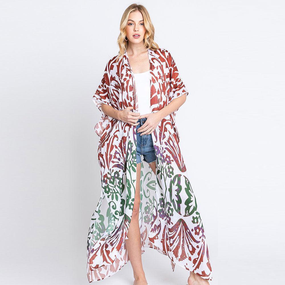 Rust Damask Print Open Front Long Kimono Poncho - Jewelry Store by Erik Rayo
