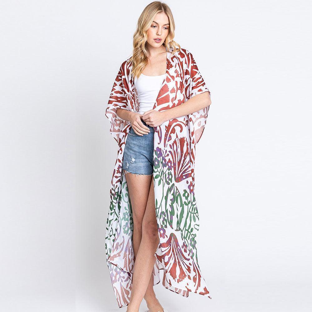 Rust Damask Print Open Front Long Kimono Poncho - Jewelry Store by Erik Rayo