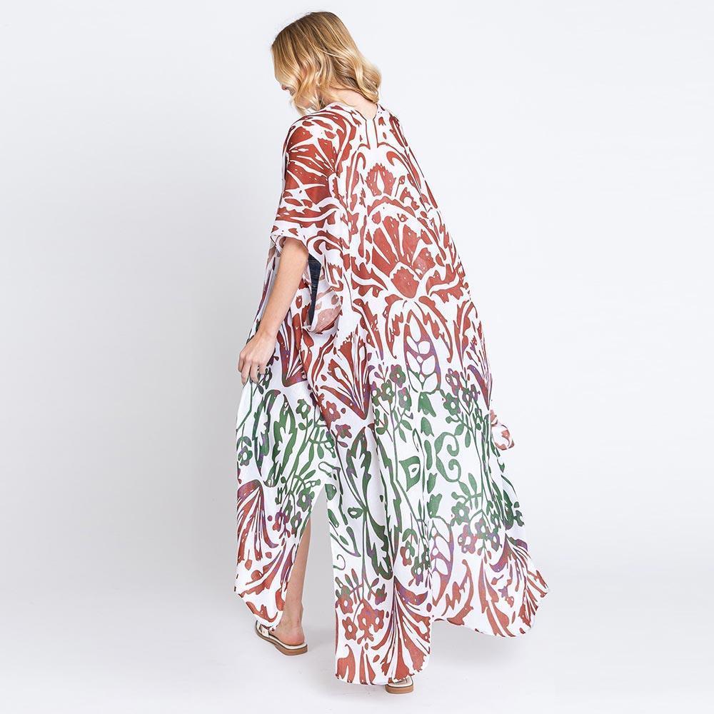 Rust Damask Print Open Front Long Kimono Poncho - Jewelry Store by Erik Rayo