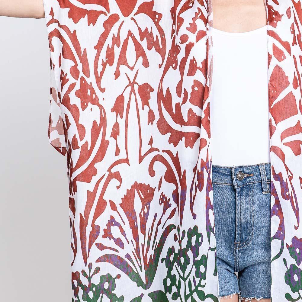 Rust Damask Print Open Front Long Kimono Poncho - Jewelry Store by Erik Rayo