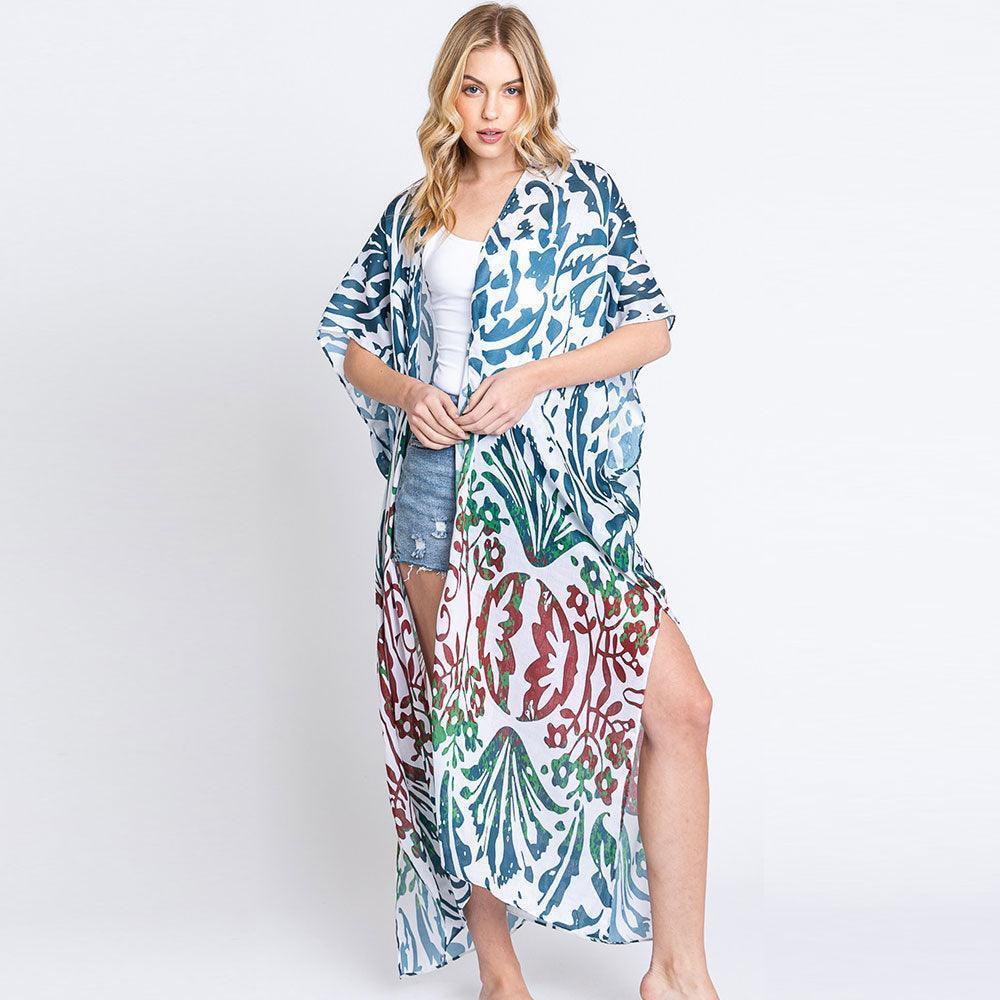 Teal Damask Print Open Front Long Kimono Poncho - Jewelry Store by Erik Rayo