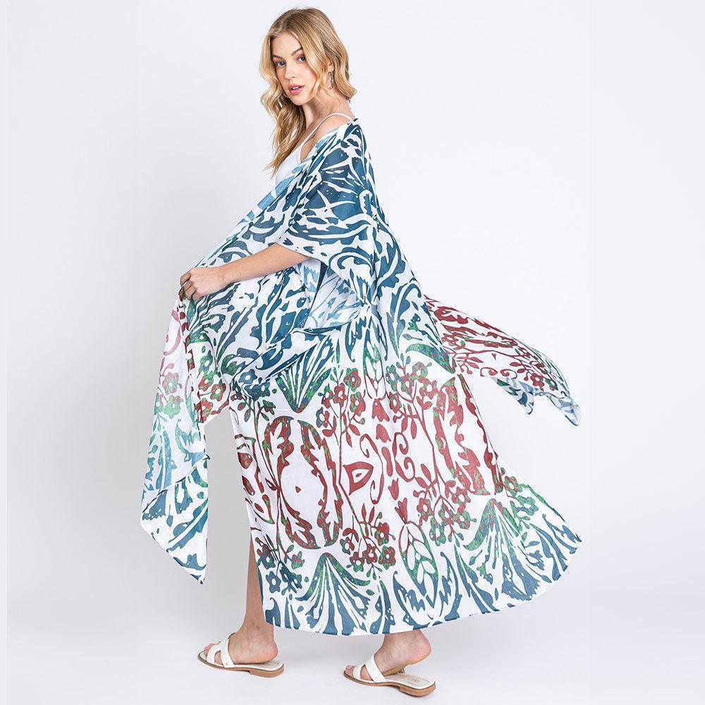 Teal Damask Print Open Front Long Kimono Poncho - Jewelry Store by Erik Rayo
