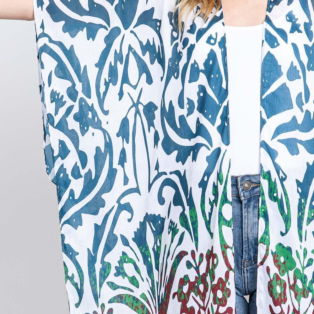 Teal Damask Print Open Front Long Kimono Poncho - Jewelry Store by Erik Rayo