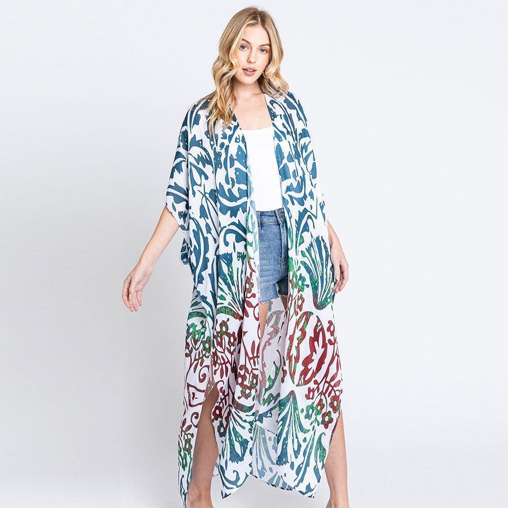 Teal Damask Print Open Front Long Kimono Poncho - Jewelry Store by Erik Rayo