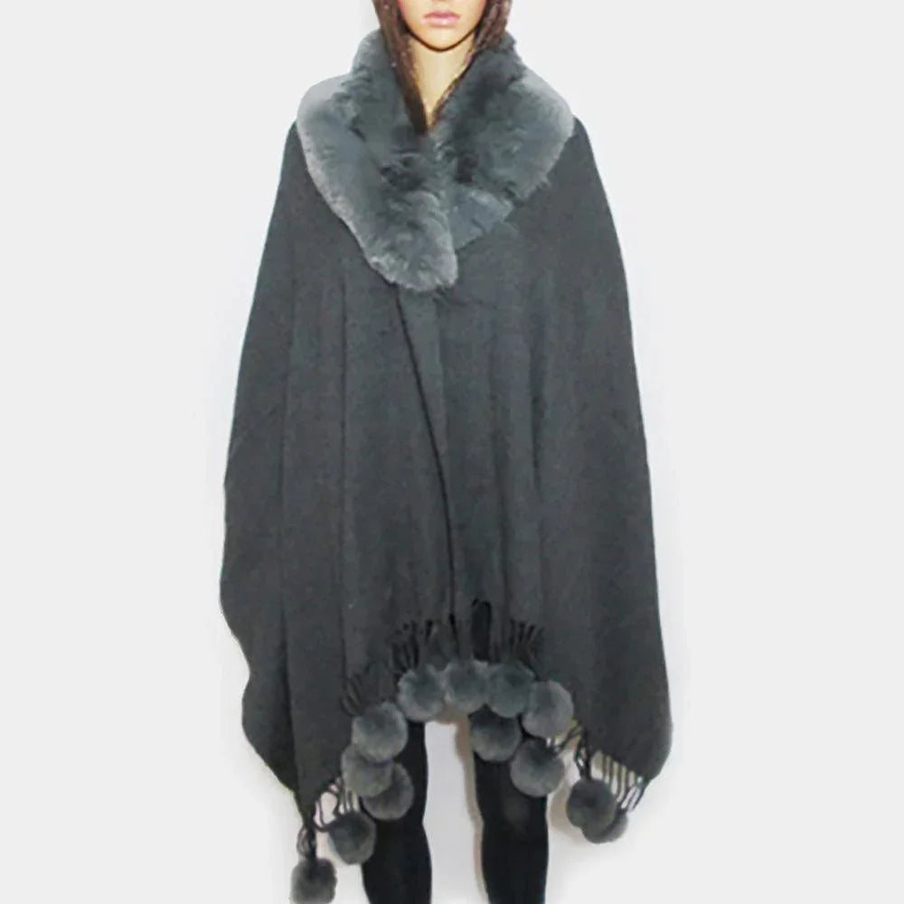 Gray Faux Fur Collar and Pom Pom Dangle Poncho - Jewelry Store by Erik Rayo