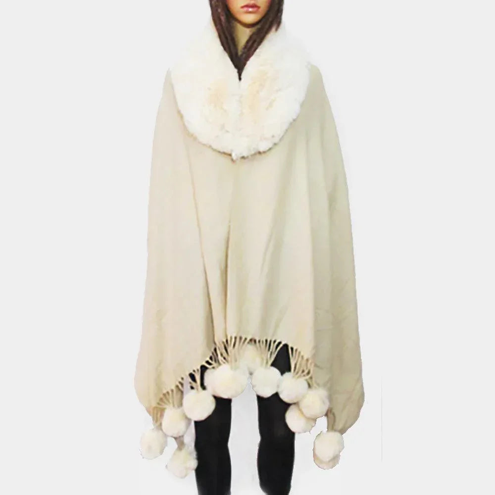 Ivory Faux Fur Collar and Pom Pom Dangle Poncho - Jewelry Store by Erik Rayo