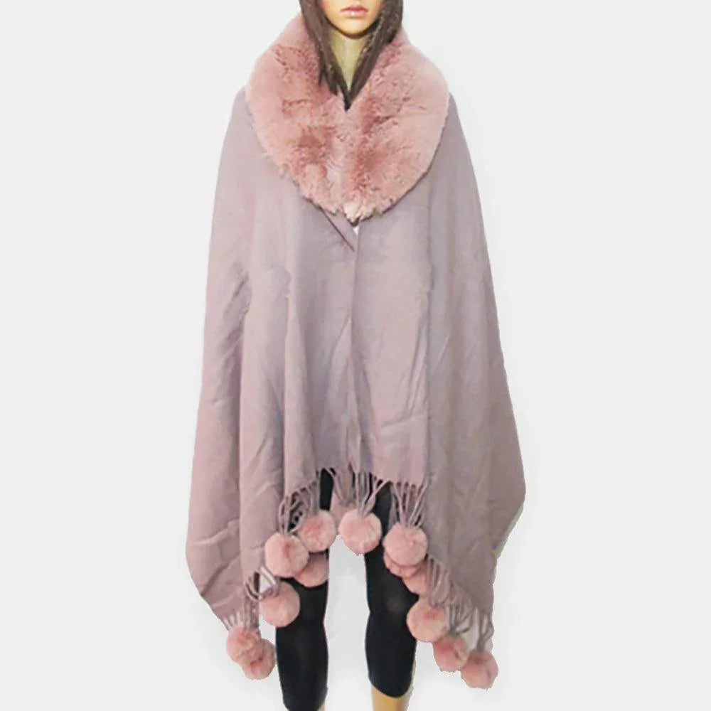 Lavender Faux Fur Collar and Pom Pom Dangle Poncho - Jewelry Store by Erik Rayo