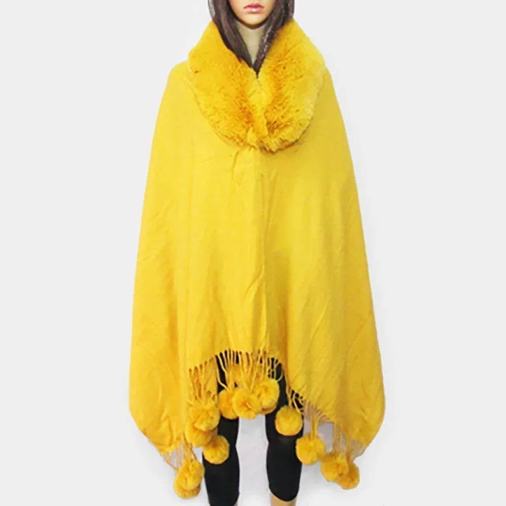 Mustard Faux Fur Collar and Pom Pom Dangle Poncho - Jewelry Store by Erik Rayo
