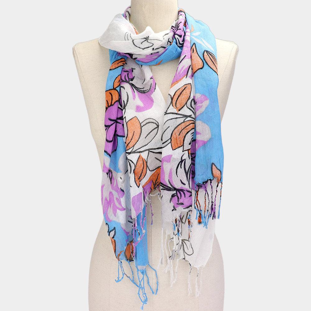 White Flower Print Fringe Scarf