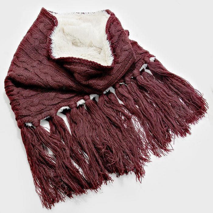 Burgundy Fleece Lined Cable Knit Snood Scarf with Tassel - Jewelry Store by Erik Rayo