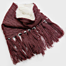 Load image into Gallery viewer, Burgundy Fleece Lined Cable Knit Snood Scarf with Tassel
