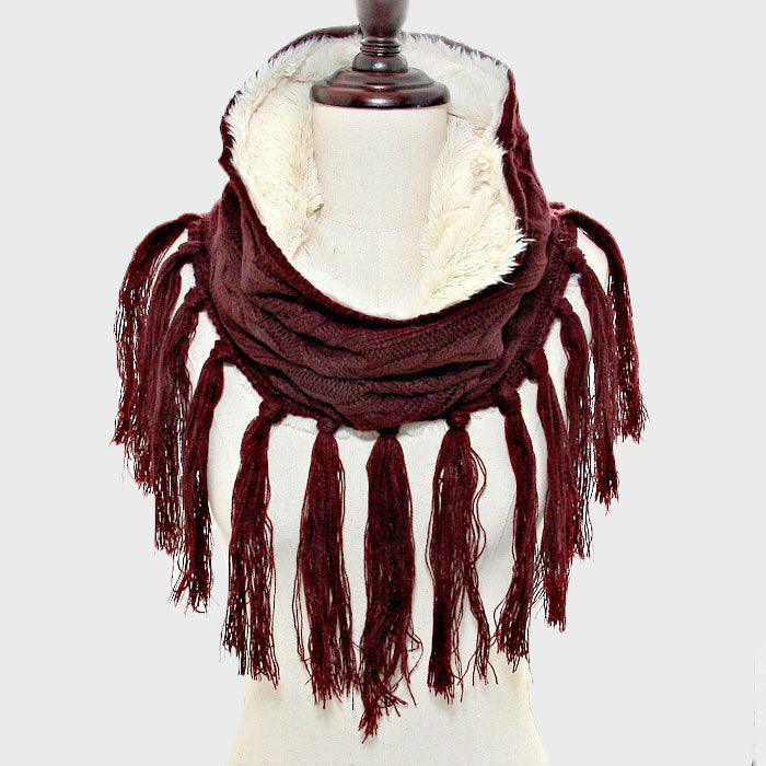 Burgundy Fleece Lined Cable Knit Snood Scarf with Tassel - Jewelry Store by Erik Rayo