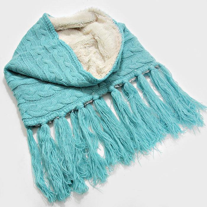 Blue Fleece Lined Cable Knit Snood Scarf with Tassel - Jewelry Store by Erik Rayo