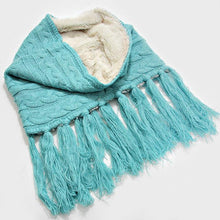 Load image into Gallery viewer, Blue Fleece Lined Cable Knit Snood Scarf with Tassel
