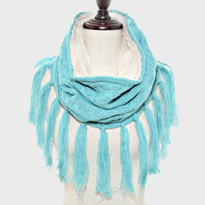 Blue Fleece Lined Cable Knit Snood Scarf with Tassel - Jewelry Store by Erik Rayo